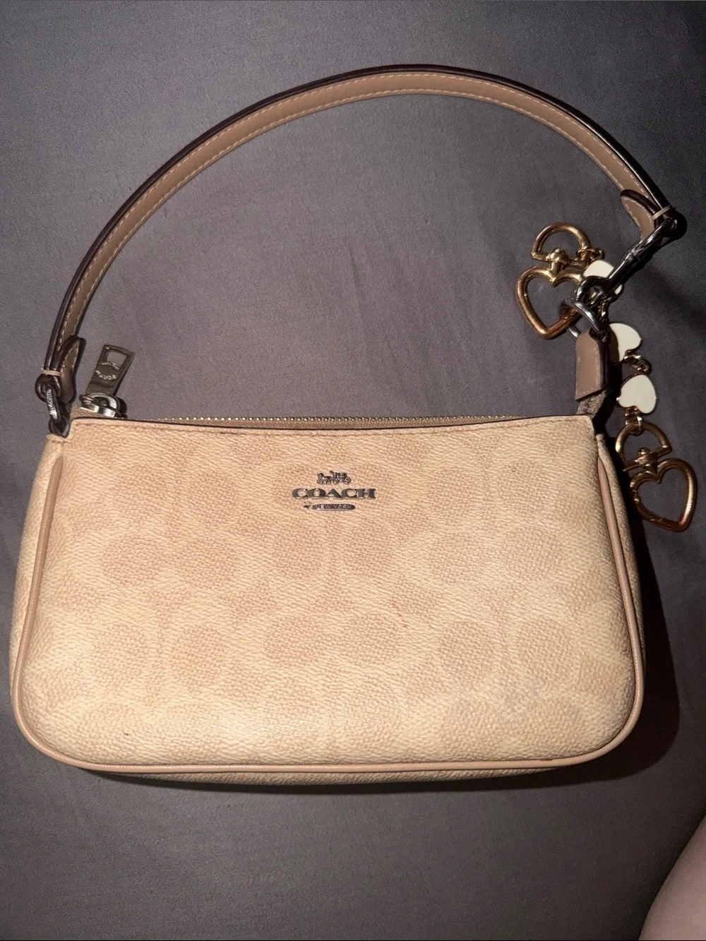 Coach Tan Signature Canvas Shoulder Bag with Heart Charms